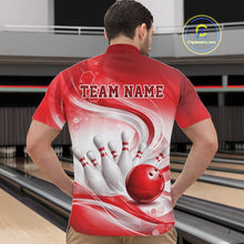 Load image into Gallery viewer, Male model standing in a bowling lane wearing a white and red bowling quarter-zip shirt featuring abstract wave lines and a glossy bowling ball striking pins on the front.