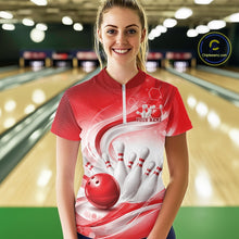 Load image into Gallery viewer, At the bowling lane, a female model wears a white and red bowling quarter-zip featuring wave-inspired graphics and bowling-themed artwork