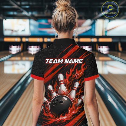 Custom Black And Red Fire Flame Bowling Team Women Quarter-Zip Shirt, Team Jerseys IPHW11682