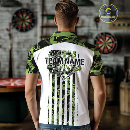 Custom Green Military Camo Patriotic Dart Men Polo Shirts, US Flag Dart Team Shirt IPHW9952
