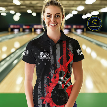 Custom Grunge Vintage Red Thin Line US Flag Patriotic Women Polo Bowling Team Shirts IPHW10169