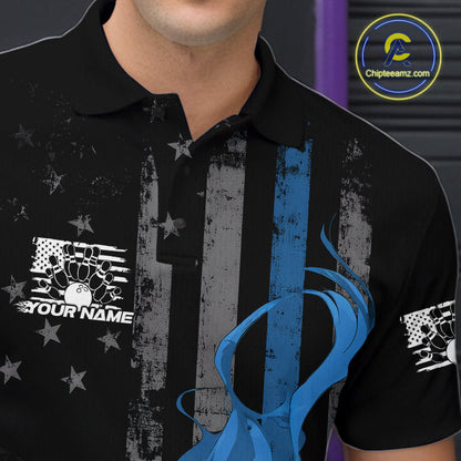 Custom Grunge Vintage Blue Thin Line US Flag Patriotic Men Polo Bowling Team Shirts IPHW10170
