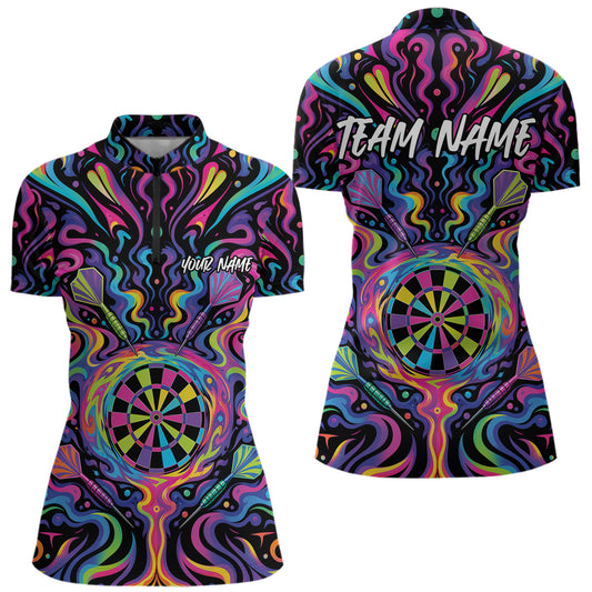 Custom Colorful Psychedelic Darts Quarter-Zip Shirts For Women, Dartboard Darts Outfit IPHW11727