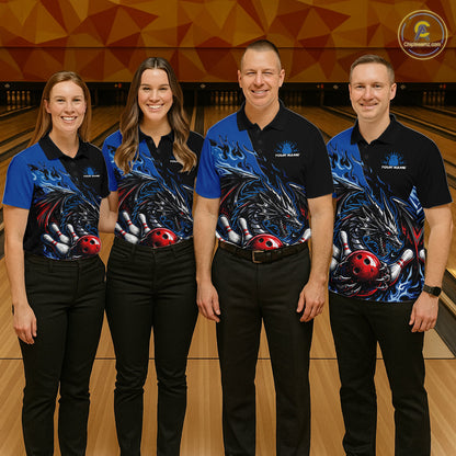 Custom Blue And Red Dragon Bowling Men Polo Team Shirt, Dragon Bowling League Shirts IPHW10368