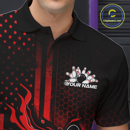 Close-up of a black and red bowling polo shirt left chest featuring patriotic flames and bowling strike artwork.