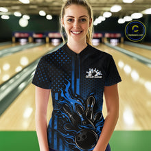 Load image into Gallery viewer, Custom Blue Patrotic Flame Bowling Women Quarter-Zip Shirt, US Flag Bowling Jersey IPHW11158