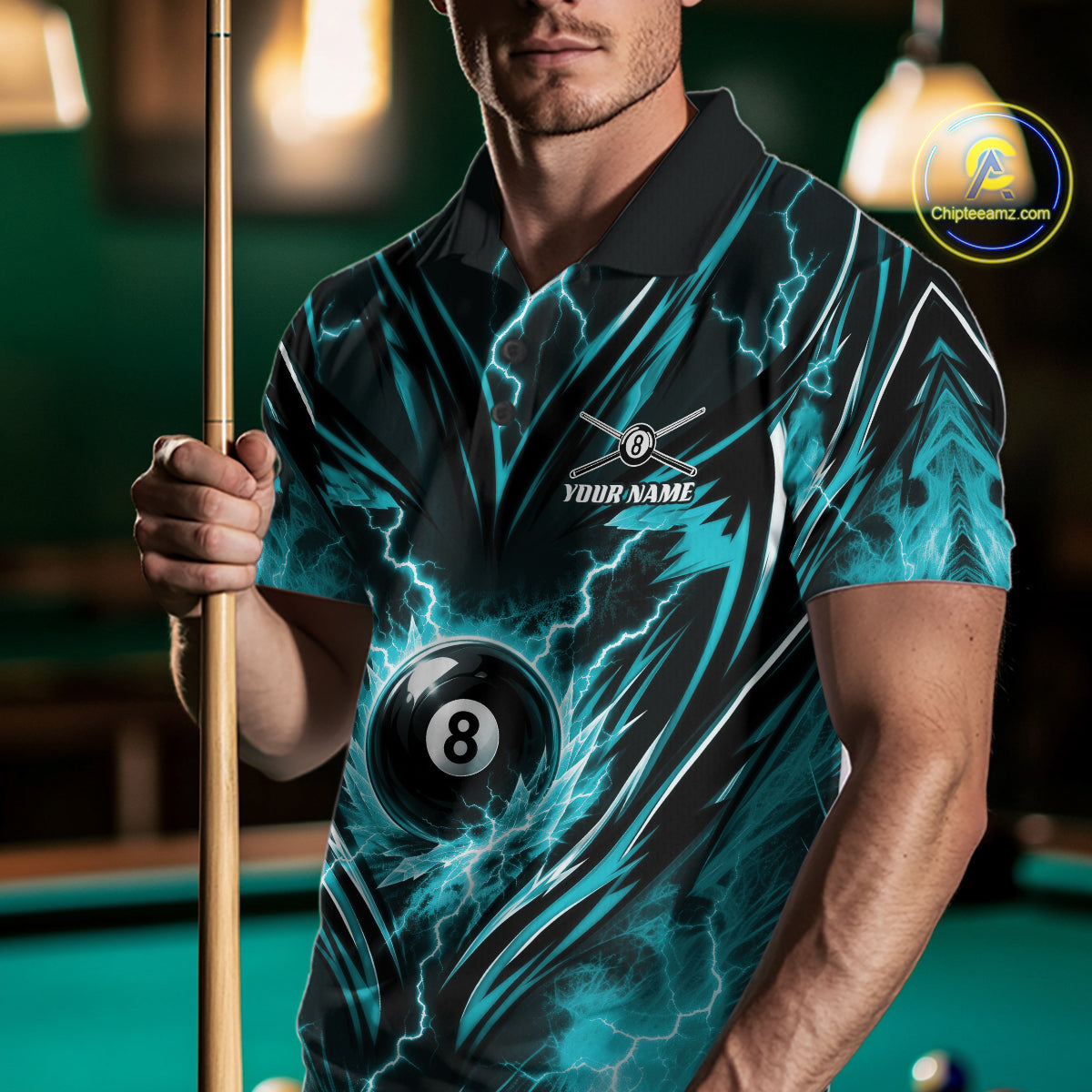 Custom Turquoise Blue Icy Lightning 8 Ball Billiards Men Polo Shirt, Pool League Shirt IPHW11762