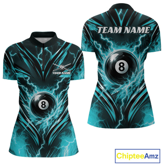 Front and back views of a women's short-sleeve polo shirt featuring a teal and black lightning-bolt pattern with a 8-ball graphic on the chest and back, plus 'TEAM NAME' and 'YOUR NAME' text areas. A ChipteeAmz logo appears in the bottom right corner.