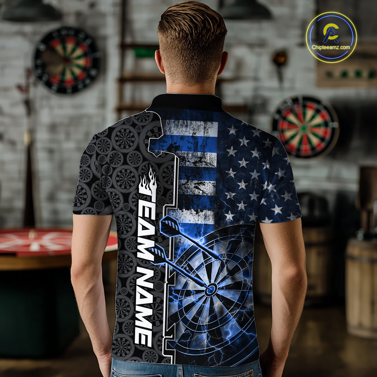 Custom Blue Lightning US Flag Dartboard Patriotic Dart Team Men Polo Shirt Dart Jerseys IPHW10388