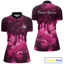Load image into Gallery viewer, Custom Pink Butterfly And Roses Bowling Women Quarter-Zip Shirts, Ladies Bowling Team IPHW10878