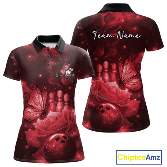 Custom Red Butterfly And Roses Bowling Women Polo Shirts, Ladies Bowling Team IPHW10879