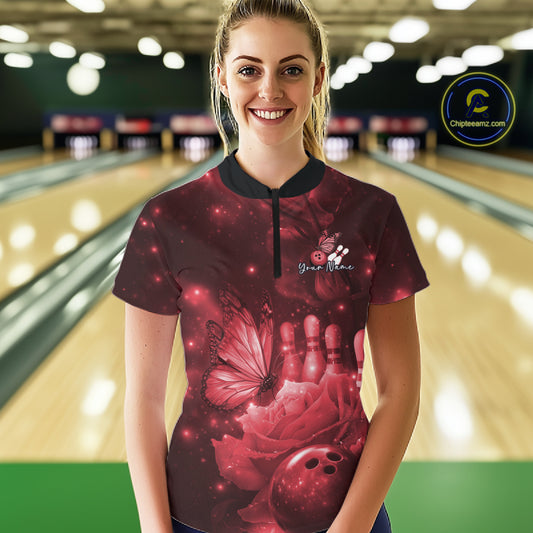 Custom Red Butterfly And Roses Bowling Women Quarter-Zip Shirts, Ladies Bowling Team IPHW10879