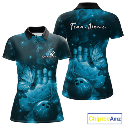 Custom Blue Butterfly And Roses Bowling Women Polo Shirts, Ladies Bowling Team IPHW10880