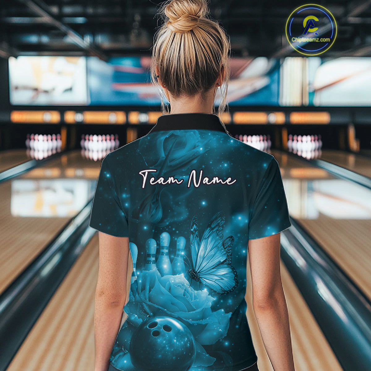 Custom Blue Butterfly And Roses Bowling Women Quarter-Zip Shirts, Ladies Bowling Team IPHW10880