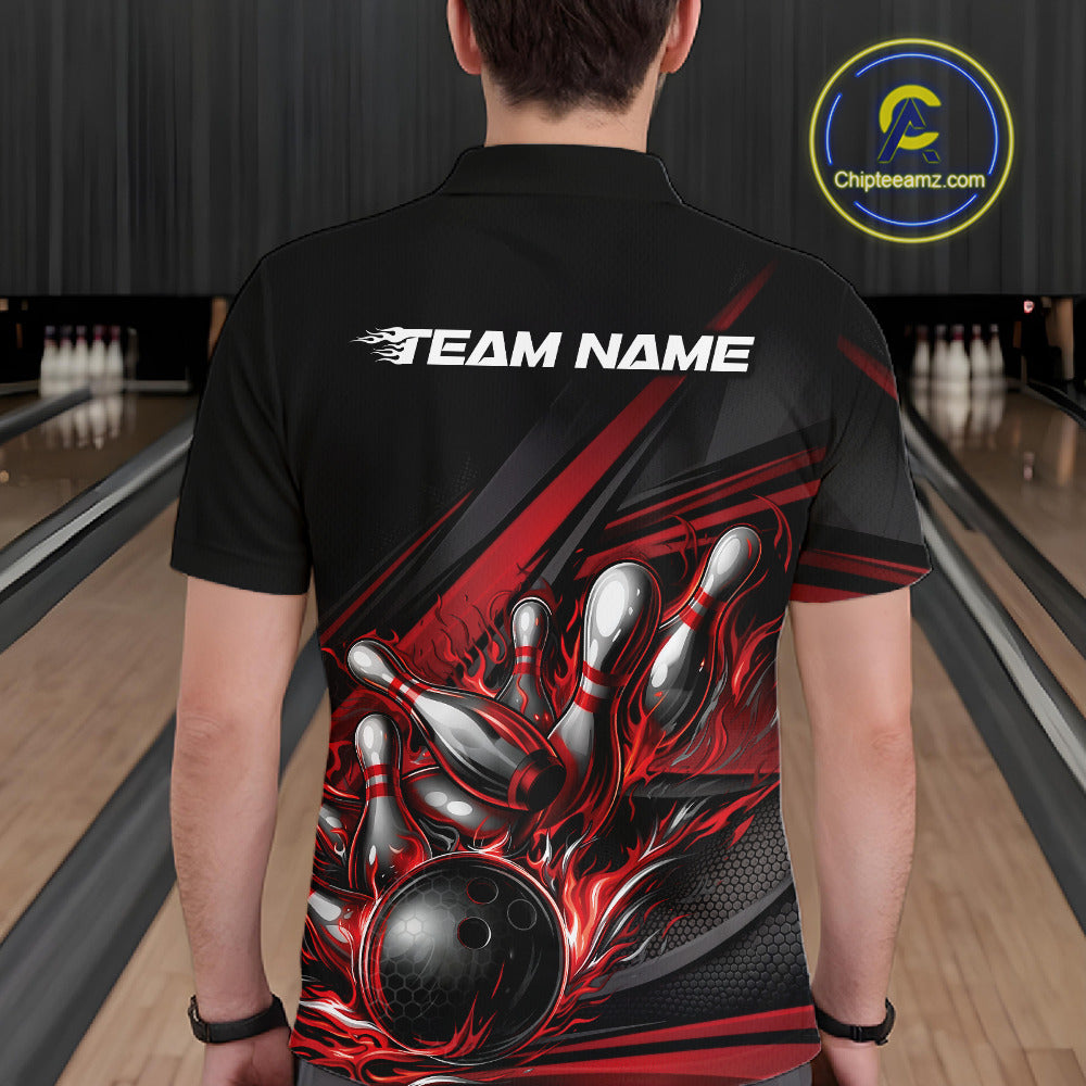 Male model in a bowling lane wearing a black polo shirt, back view featuring red flame bowling ball striking pins with abstract geometric stripe design