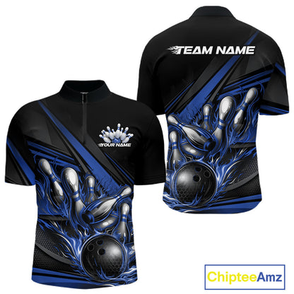 Front and back view of a men’s quarter-zip bowling shirt mockup in black, featuring blue flame bowling ball striking pins with abstract stripe design.