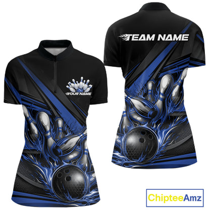 Front and back view of a women’s quarter-zip bowling shirt mockup in black, featuring blue flame bowling ball striking pins with abstract geometric stripes.