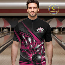 Load image into Gallery viewer, Custom Black And Hot Pink Flame Bowling Team Jersey, Bowling Tournament Men Quarter-Zip Shirt IPHW11208