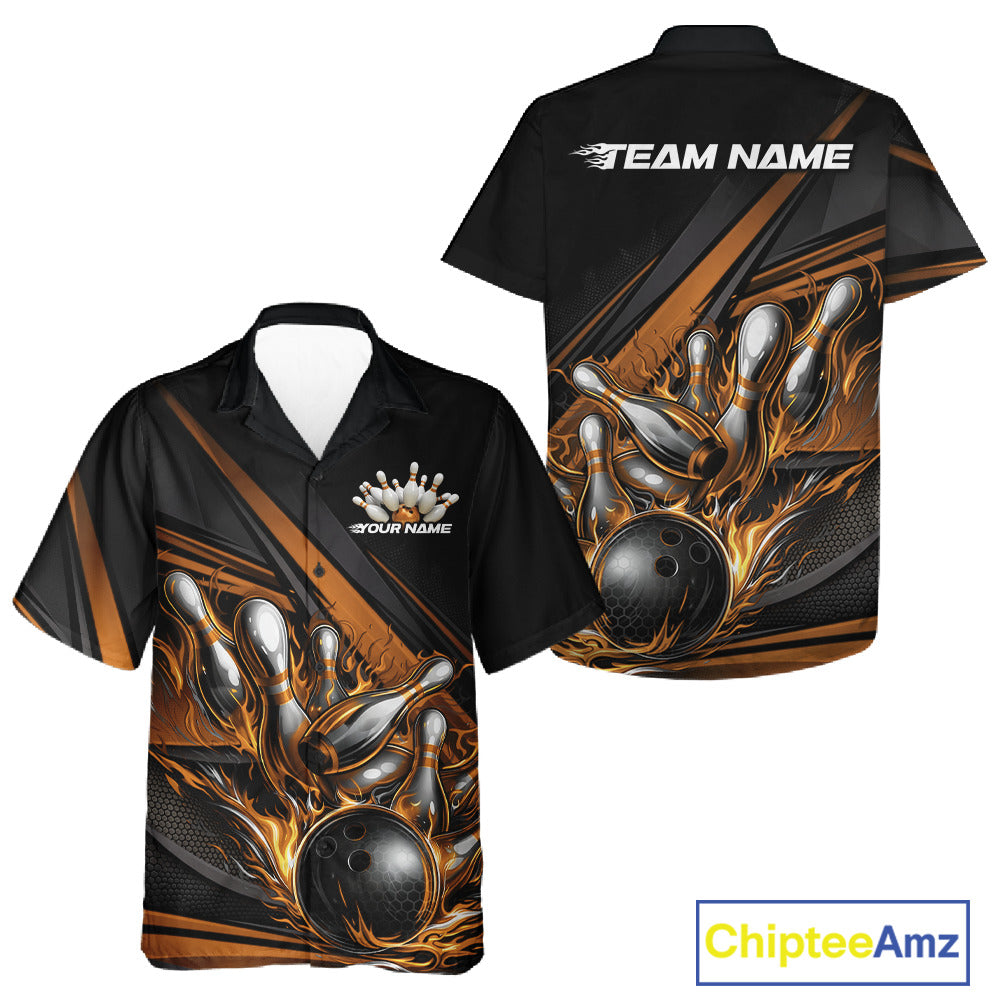 Button-up bowling shirt mockup showing black shirt with gold flame bowling ball striking pins and bold abstract geometric accents