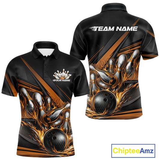 Men’s bowling polo shirt mockup front and back displaying gold flame bowling ball striking pins with abstract geometric stripes on black fabric