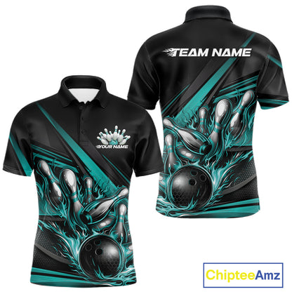 Men’s bowling polo shirt mockup front and back featuring turquoise flame bowling ball striking pins with abstract geometric stripes on black shirt