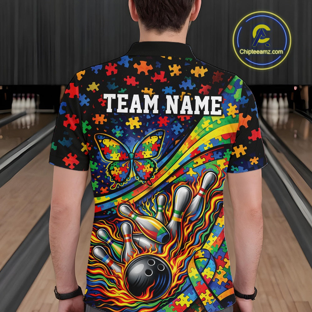 Male model at a bowling lane, back view of colorful polo shirt showcasing autism awareness ribbon, butterfly, and flame bowling graphics