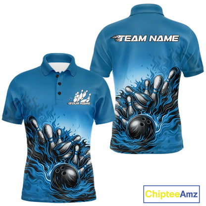 Men’s bowling polo shirt mockup front and back showing raccoon wearing sunglasses and patriotic bandana leaning on bowling ball illustration