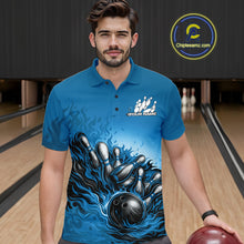 Load image into Gallery viewer, Custom Blue Flame Bowling Tournament Men Polo Team Shirt, Fire Bowling League Shirt IPHW11216