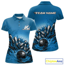 Load image into Gallery viewer, Custom Blue Flame Bowling Tournament Women Polo Team Shirt, Fire Bowling League Shirt IPHW11216