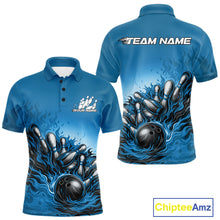 Load image into Gallery viewer, Custom Blue Flame Bowling Tournament Men Polo Team Shirt, Fire Bowling League Shirt IPHW11216