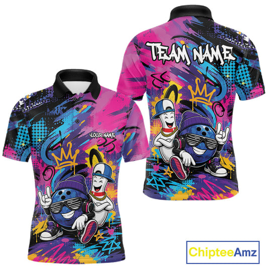 A short-sleeve collared polo shirt shown from both front and back on a white background. The shirt features a vivid graffiti-style graphic with two cartoon bowling characters,  graffity background and the text 'TEAM NAME' on the back.