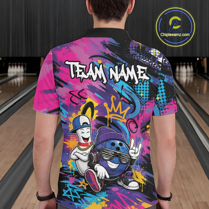 Custom Funny Colorful Graffity Hiphop Bowling Ball And Pin Bowling Men Polo Shirt IPHW11800