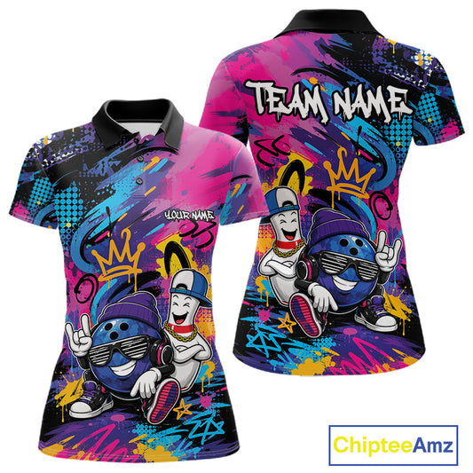 Front and back views of a short-sleeve polo shirt with a vibrant, all-over graffiti-style bowling graphic. The design features cartoon bowling balls and pins in purple, blue, and white with sunglasses, set against a background of pink, purple, and blue paint splatters and graffiti tags.