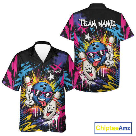 Custom bowling-themed short-sleeve button-up shirt shown in front and back views. The black base features colorful graffiti-style splashes in pink, blue, yellow, and white, with cartoon bowling balls and pins wearing sunglasses and making peace signs.
