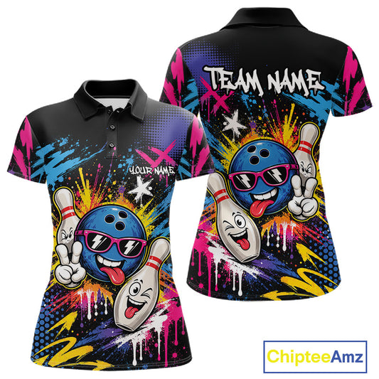 Front and back views of a women's short-sleeve polo shirt with a vibrant bowling-themed graphic print. The shirt features funny cartoon bowling ball and pins with sunglasses, set against colorful paint splatters in pink, blue, yellow, and white on a black base.