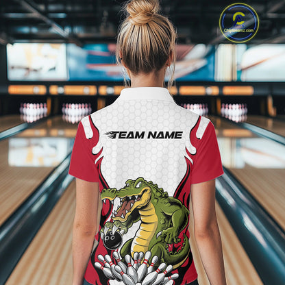 Custom Funny Alligator Bowling Women Polo Shirt, Alligator Red Bowling Team League Shirt IPHW10683