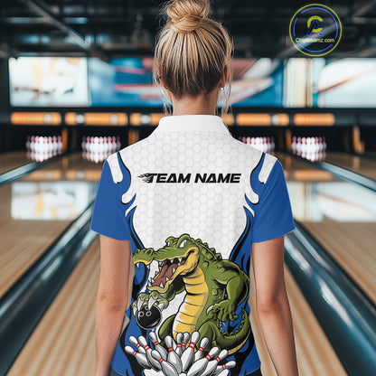 Custom Funny Alligator Bowling Women Polo Shirt, Alligator Blue Bowling Team League Shirt IPHW10684