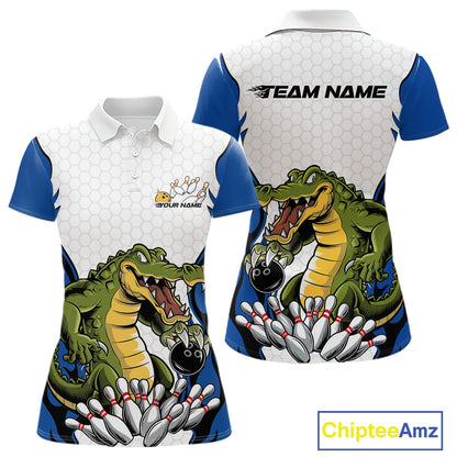 Custom Funny Alligator Bowling Women Polo Shirt, Alligator Blue Bowling Team League Shirt IPHW10684