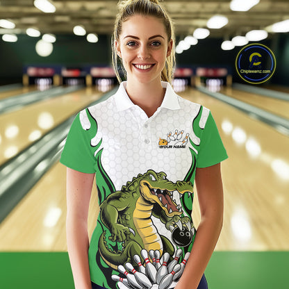 Custom Funny Alligator Bowling Women Polo Shirt, Alligator Green Bowling Team League Shirt IPHW10685