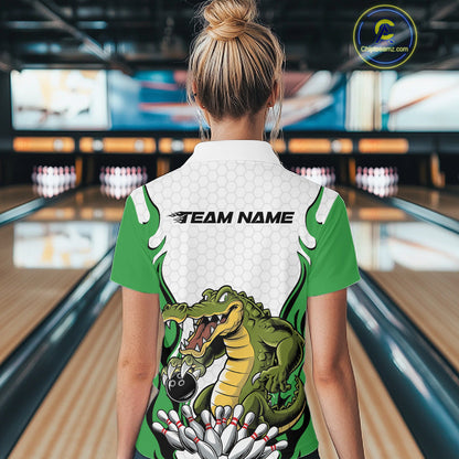 Custom Funny Alligator Bowling Women Polo Shirt, Alligator Green Bowling Team League Shirt IPHW10685