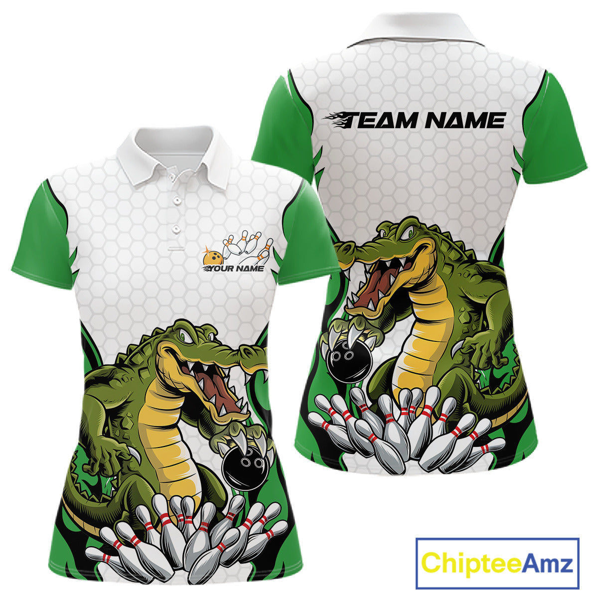 Custom Funny Alligator Bowling Women Polo Shirt, Alligator Green Bowling Team League Shirt IPHW10685