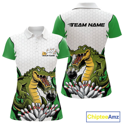 Custom Funny Alligator Bowling Women Polo Shirt, Alligator Green Bowling Team League Shirt IPHW10685