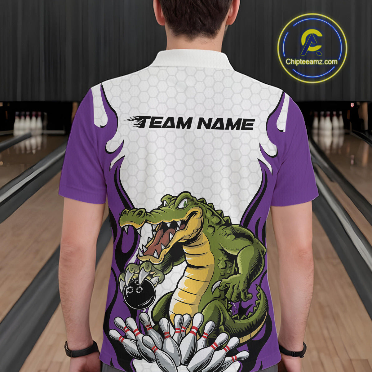 Custom Funny Alligator Bowling Men Polo Shirt, Alligator Purple Bowling Team League Shirt IPHW10687
