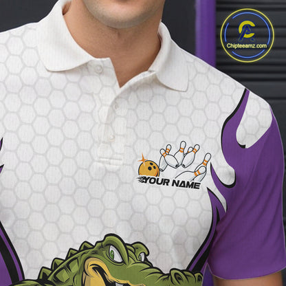 Custom Funny Alligator Bowling Men Polo Shirt, Alligator Purple Bowling Team League Shirt IPHW10687
