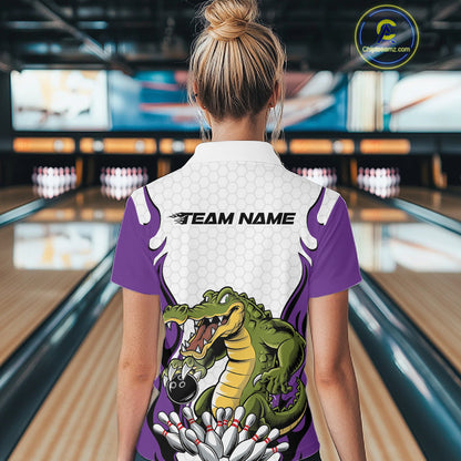 Custom Funny Alligator Bowling Women Polo Shirt, Alligator Purple Bowling Team League Shirt IPHW10687