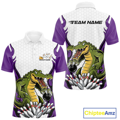 Custom Funny Alligator Bowling Men Polo Shirt, Alligator Purple Bowling Team League Shirt IPHW10687