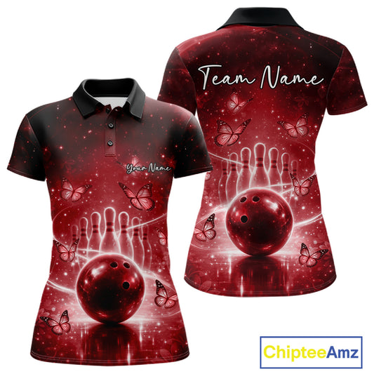Custom Red Butterfly Women Bowling Polo Shirt, Ladies Bowling League Shirt IPHW10921
