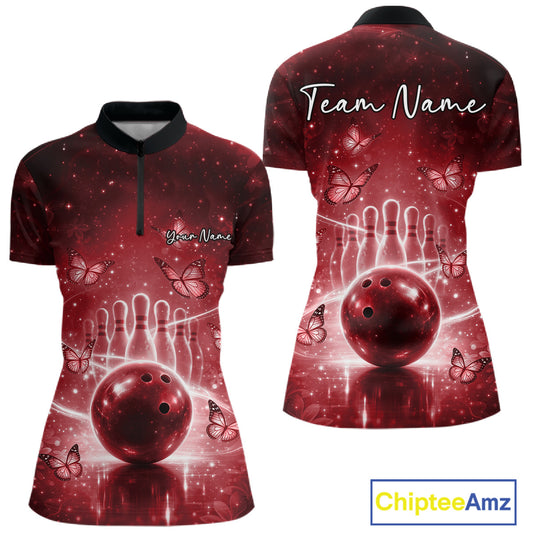 Custom Red Butterfly Women Bowling Quarter-Zip Shirt, Ladies Bowling League Shirt IPHW10921