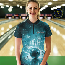 Load image into Gallery viewer, Custom Blue Butterfly Women Bowling Quarter-Zip Shirt, Ladies Bowling League Shirt IPHW10922