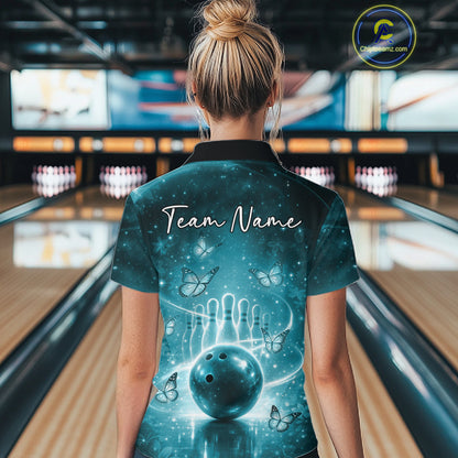 Custom Blue Butterfly Women Bowling Quarter-Zip Shirt, Ladies Bowling League Shirt IPHW10922
